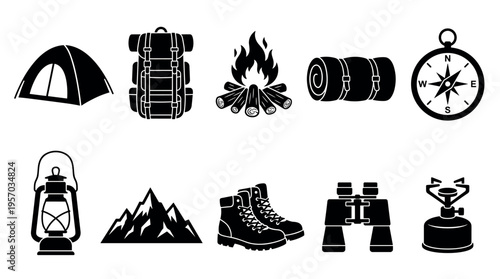 Camping equipment and outdoor adventure gear icons set in a clean, modern black silhouette style, representing essential items for wilderness exploration and travel.