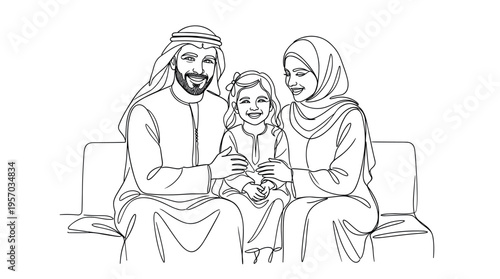 Arab family portrait in continuous line art style, depicting a happy mother, father, and daughter smiling together, symbolizing love and togetherness.