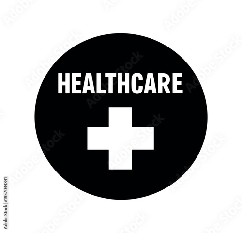 Black circular icon with a white medical cross and uppercase healthcare text