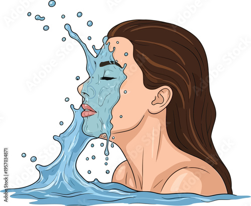 A woman with long brown hair appears to be drinking water from a splash that resembles a face in profile silhouette