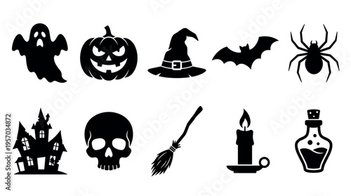Halloween spooky scary icons collection features various traditional symbols including a ghost, jack-o'-lantern, witch hat, and haunted house, ideal for holiday designs.
