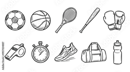 Various sports equipment and fitness accessories hand-drawn in a black and white sketch style, representing different athletic activities and healthy lifestyle elements.
