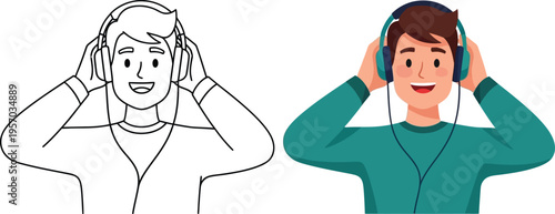 A man listening to music on headphones in both a colored and silhouette illustration for comparison