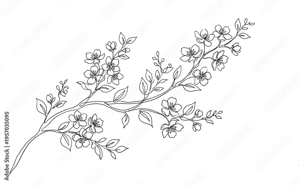 Fototapeta premium Flowering branch continuous line art drawing creates an elegant and minimalist floral design, perfect for spring and nature-themed projects.