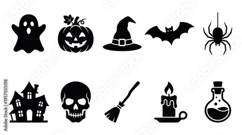 Halloween spooky scary symbols collection featuring traditional elements like a ghost, pumpkin, and witch hat for holiday celebration.