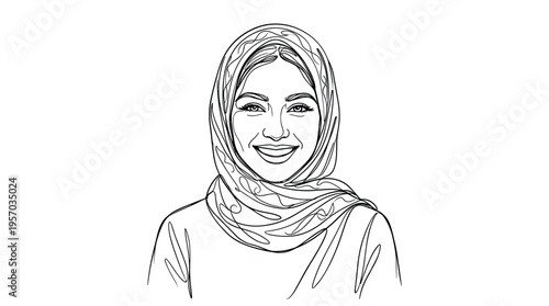 Smiling young woman wearing a hijab with a happy and friendly expression depicted in a modern minimalist continuous line art style.