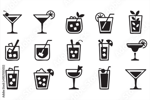 Cocktail Drinks Icon Set with Alcohol Beverage and Bar Symbols