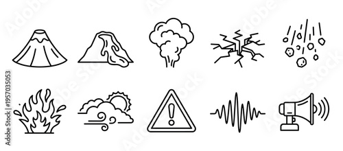 Natural disaster and warning outline icons collection illustrating various environmental hazards and emergency alerts in a simple, modern style.