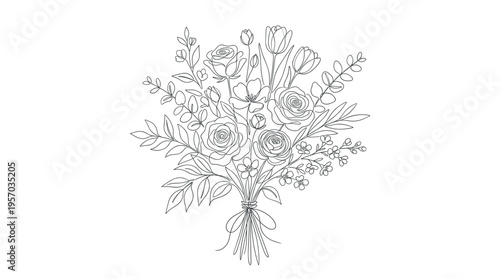 Beautiful continuous line art floral bouquet featuring various blooming flowers and delicate leaves tied with a ribbon, perfect for elegant design elements.