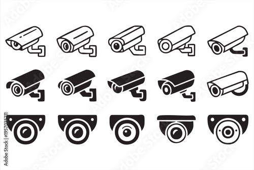 Security Monitoring Icons Collection with CCTV Camera and Protection
