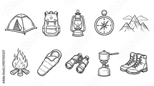 Camping and hiking gear collection of essential outdoor equipment, including a tent, backpack, lantern, compass, and campfire, perfect for adventure and wilderness exploration.