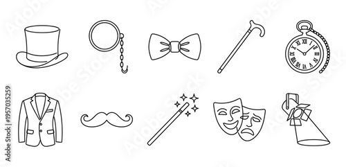 Gentleman's vintage accessories and theatrical performance elements are presented as a cohesive set of simple black outline vector icons.