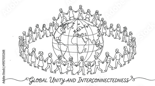 Diverse people holding hands around the globe symbolize global unity, peace, and the interconnectedness of humanity in a harmonious world.