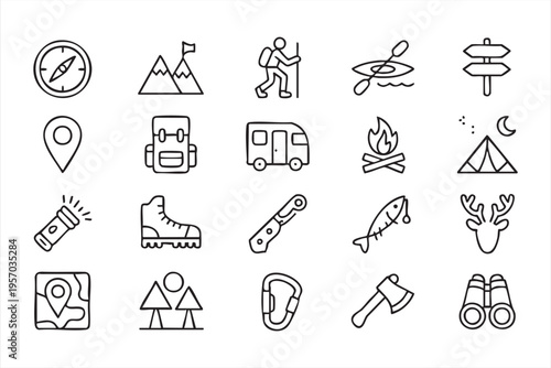 Camping Outdoor Adventure Icons Set with Hiking Travel and Nature Symbols