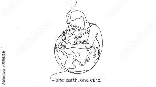 Continuous line drawing of a person lovingly embracing the planet Earth, symbolizing global environmental protection, sustainability, and the importance of caring for our world.