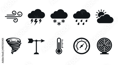 Weather icons set showing various atmospheric conditions and meteorological symbols for forecasting, climate, and environmental data representation.