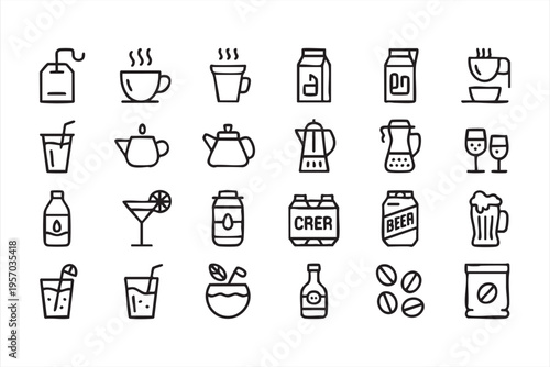 Beverage Line Icons Set for Menu Design and Food Service Projects