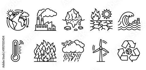 Climate change and environmental issues icons set illustrates global warming, pollution, extreme weather, and sustainable solutions for a healthier planet.
