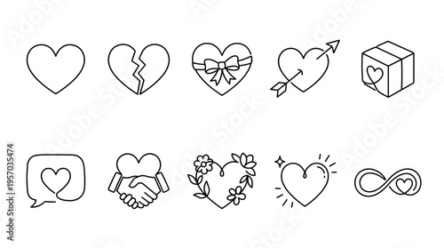 Heart icons collection featuring various love and emotion symbols, including broken hearts, gifts, arrows, and infinity signs, rendered in a clean black outline style.