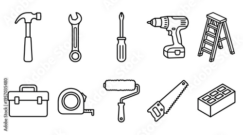 Various construction tools and equipment are depicted as simple black outline icons, suitable for home improvement and building projects.