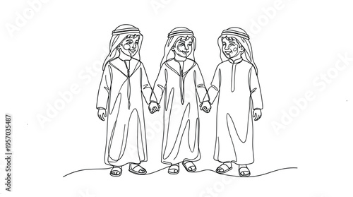Three young Arab boys holding hands, smiling happily and representing friendship and cultural unity in a continuous line art drawing.