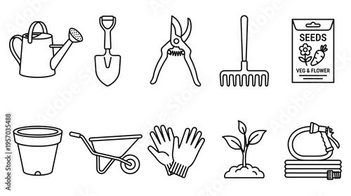 Gardening tools and equipment icons set in outline style, representing various essential items for planting, cultivating, and maintaining a garden or backyard.