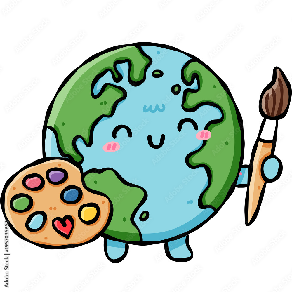 Fototapeta premium Cute Earth Artist Canvas Painting – Cartoon Globe Character with Paint Palette and Brush, Hand Painted Kids Wall Art