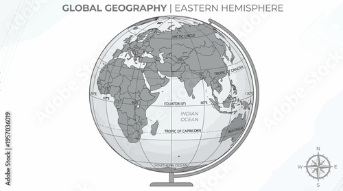 Eastern Hemisphere Vector Globe Map, Geographic Illustration, World Latitude Longitude Grid, Asia Europe Africa Australia Design, Global Information Concept, Modern Educational Earth Vector Graphic