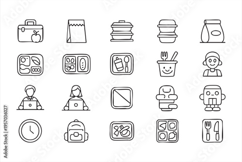 Food Container Icons Pack with Lunch Meal Prep and Cafeteria Symbols