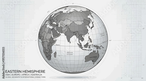 Eastern Hemisphere Vector Globe Map, Geographic Illustration, World Latitude Longitude Grid, Asia Europe Africa Australia Design, Global Information Concept, Modern Educational Earth Vector Graphic
