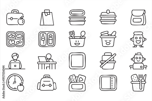 School Lunch Icons Set with Food Containers and Meal Prep Symbols