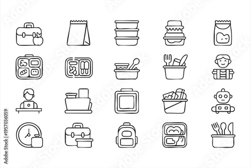 Kids Lunch Icons Pack with Food Containers and Healthy Meal Symbols