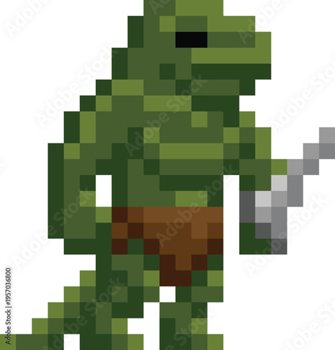 A lizard man warrior fantasy cartoon character in a video game sprite pixel art style. 21 squares wide by 22 high.