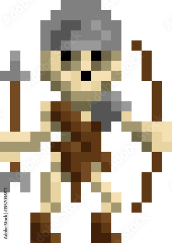 A skeleton warrior archer fantasy cartoon character in a video game sprite pixel art style. 17 squares wide by 24 high