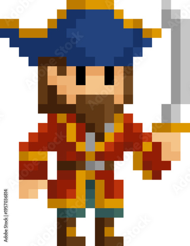 A pirate captain fantasy cartoon character in a video game sprite pixel art style.  20 squares wide by 26 high