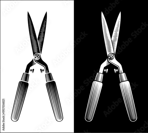 Vintage woodcut style illustration of gardening hedge trimmer shears garden hand tool