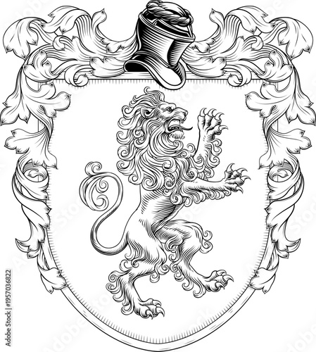 A lion coat of arms or crest family heraldry medieval heraldic knight shield with helmet and acanthus filigree scroll ornament in a vintage woodcut style.