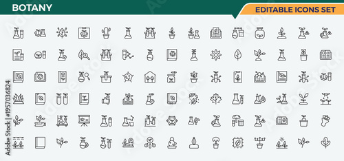 Botany icon set in linear style. Sign and Symbol. Organic related icon set. Pack of chemistry, geo, ecology, garden, nature, environment, plant and more.