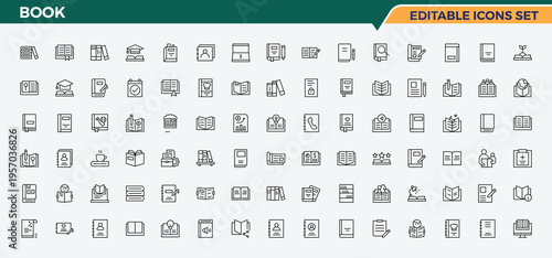 Book icon collection. Minimal linear icons. Related to dictionary, author, learning, noteeread. Vector artwork and illustration. Education related icon set.