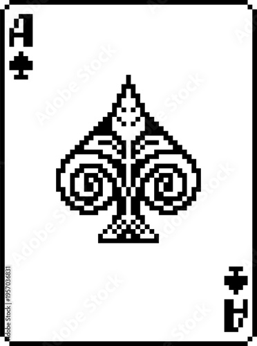 A pixel art playing cards deck design, ace of spades. An original design, each card 55 squares wide by 74 tall.