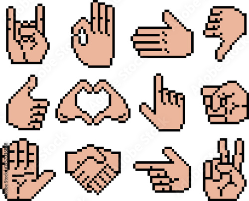 Icon set retro pixel art hands. Thumbs up, peace sign, Pointing, OK, handshake, pointing, rock on, and heart hands gestures. With 8 bit nostalgic, vintage style. UI or games icons with classic vibe.