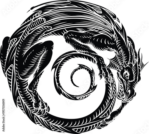Coiled circle dragon design in detailed vintage woodcut style. Intricate black and white fantasy illustration with ornate linework, ideal for tattoos, mythological themes, or symbolic designs
