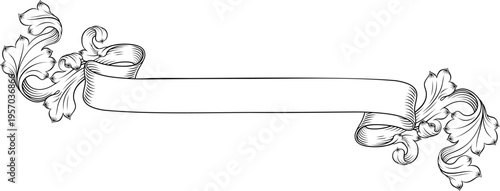 A scroll with filigree medieval crest coat of arms heraldic style pattern motif. In a vintage woodcut etching style.