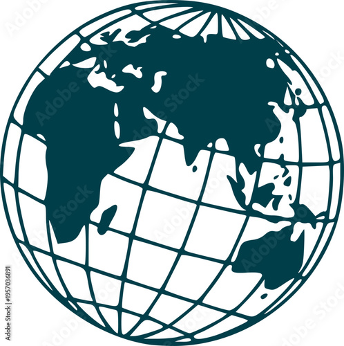 Dark silhouette of planet Earth globe with grid of parallels and meridians.