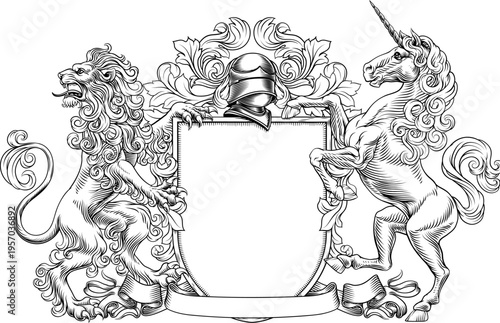 A unicorn and lion coat of arms or crest family heraldry medieval heraldic knight shield with helmet and acanthus filigree scroll ornament in a vintage woodcut style.