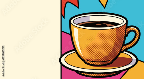 Cup of coffee in retro pop art style, concept of energizing morning beverage  