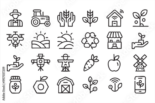Agriculture And Farming Outline Icon Set With Smart Farm And Organic Food