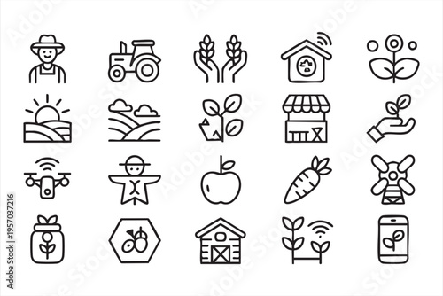 Rural Farming And Agriculture Icon Pack With Harvest And Plant Symbols