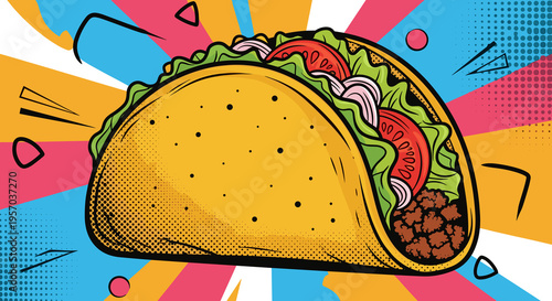 Taco in retro pop art style, concept of vibrant Mexican cuisine  