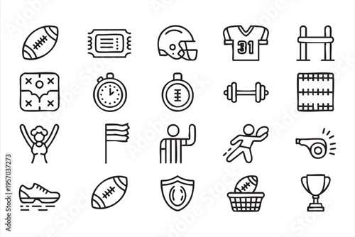 American Football And Sports Outline Icon Set With Helmet Ball And Trophy